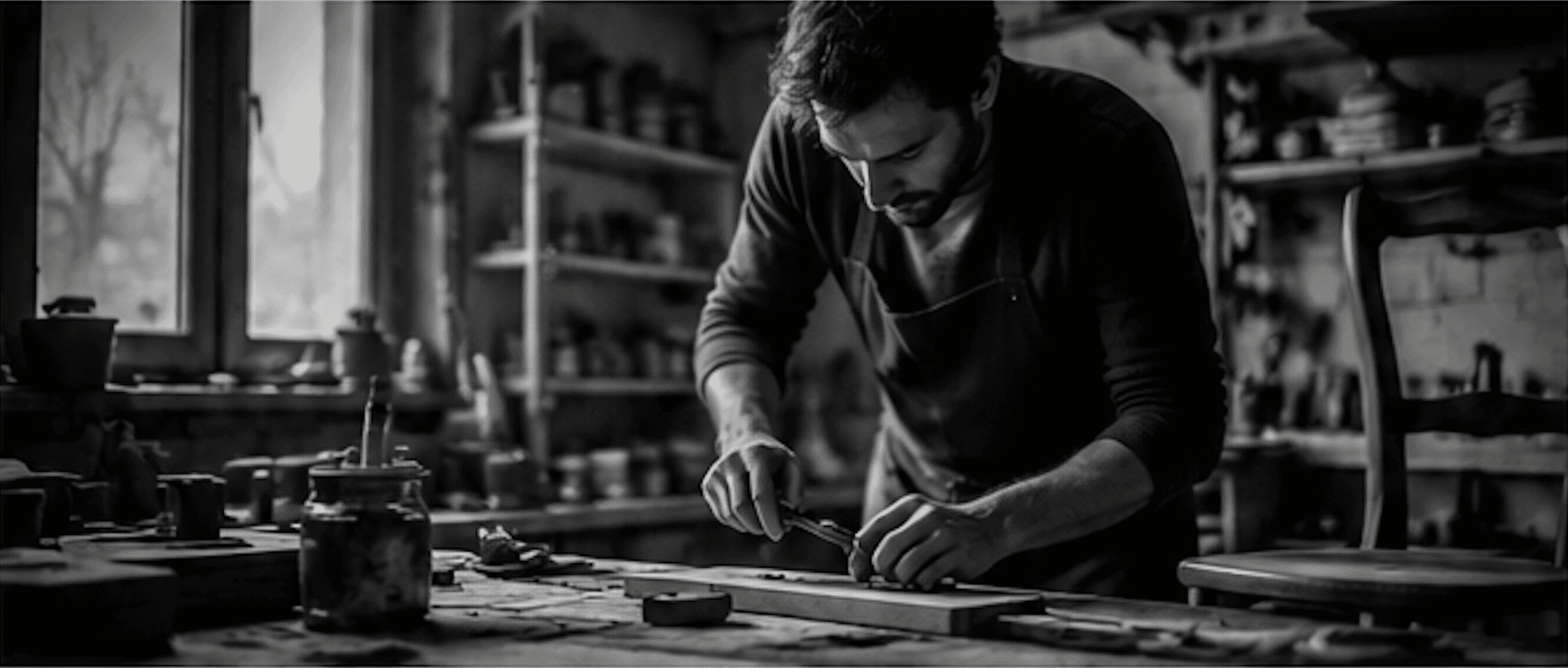 Atelier d'artisan — travail des mains, démonstration par l'action